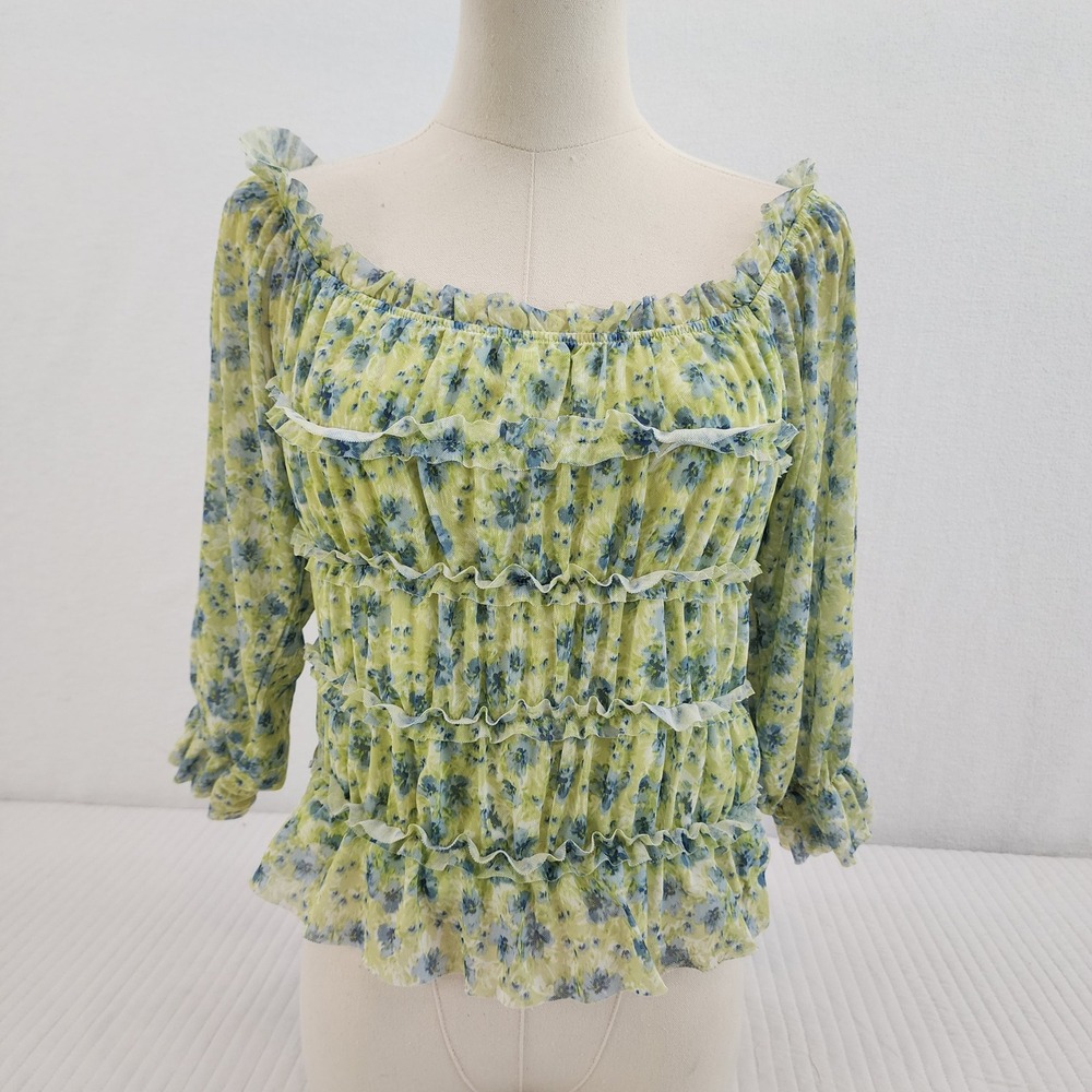 SO Ruffle Floral Blouse Top Womens‎ Large Green Blue Cottagecore Sheer